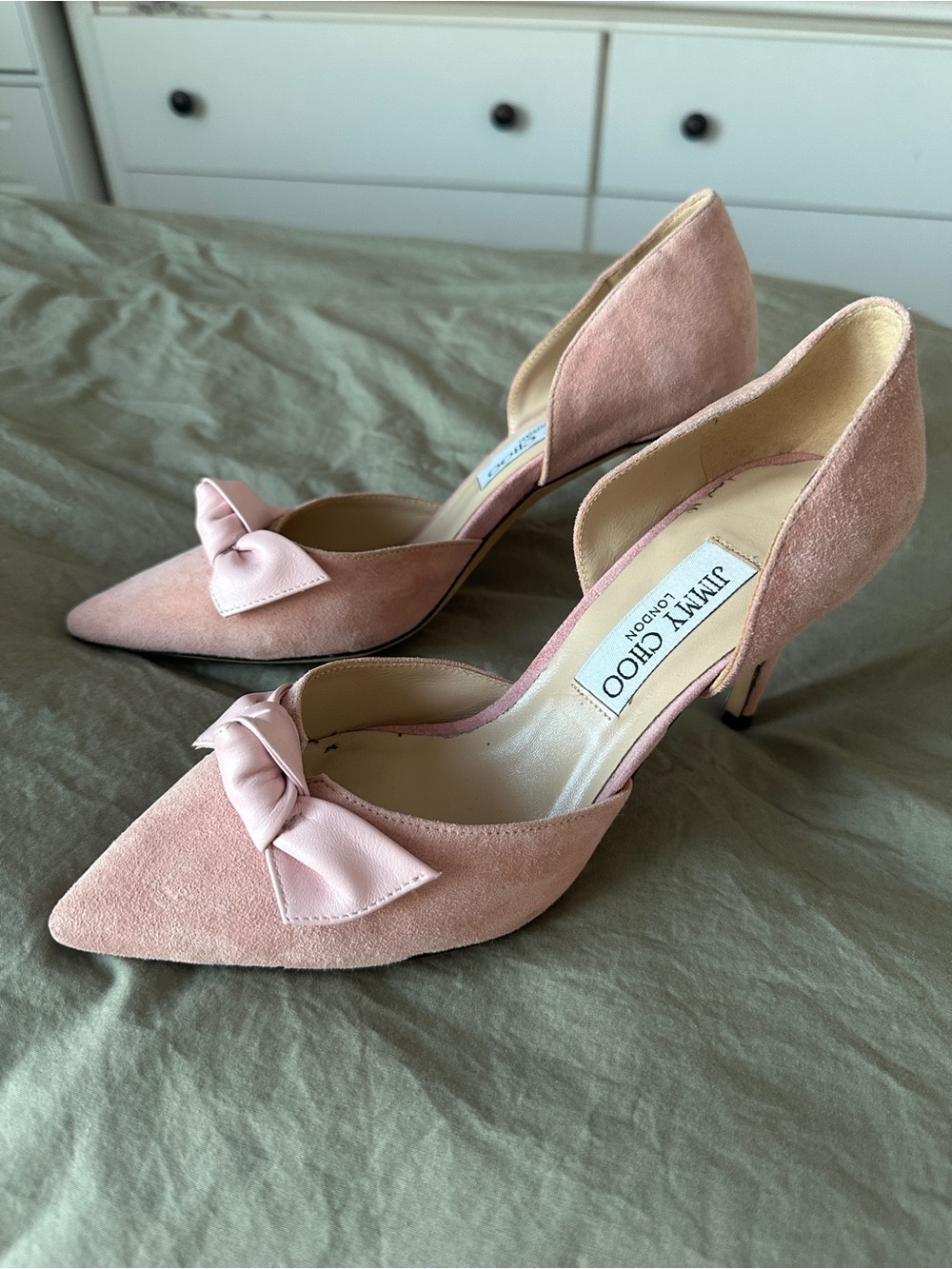 Jimmy Choo Pink Suede Bow D’Orsay Pointed Toe Pumps Heels IT 37